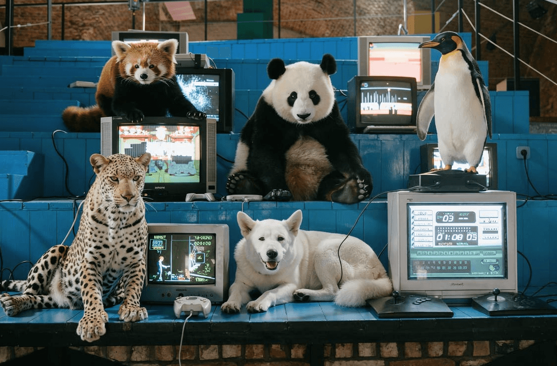 Official FLUX.2 multi-reference scene with several animals in a workstation room