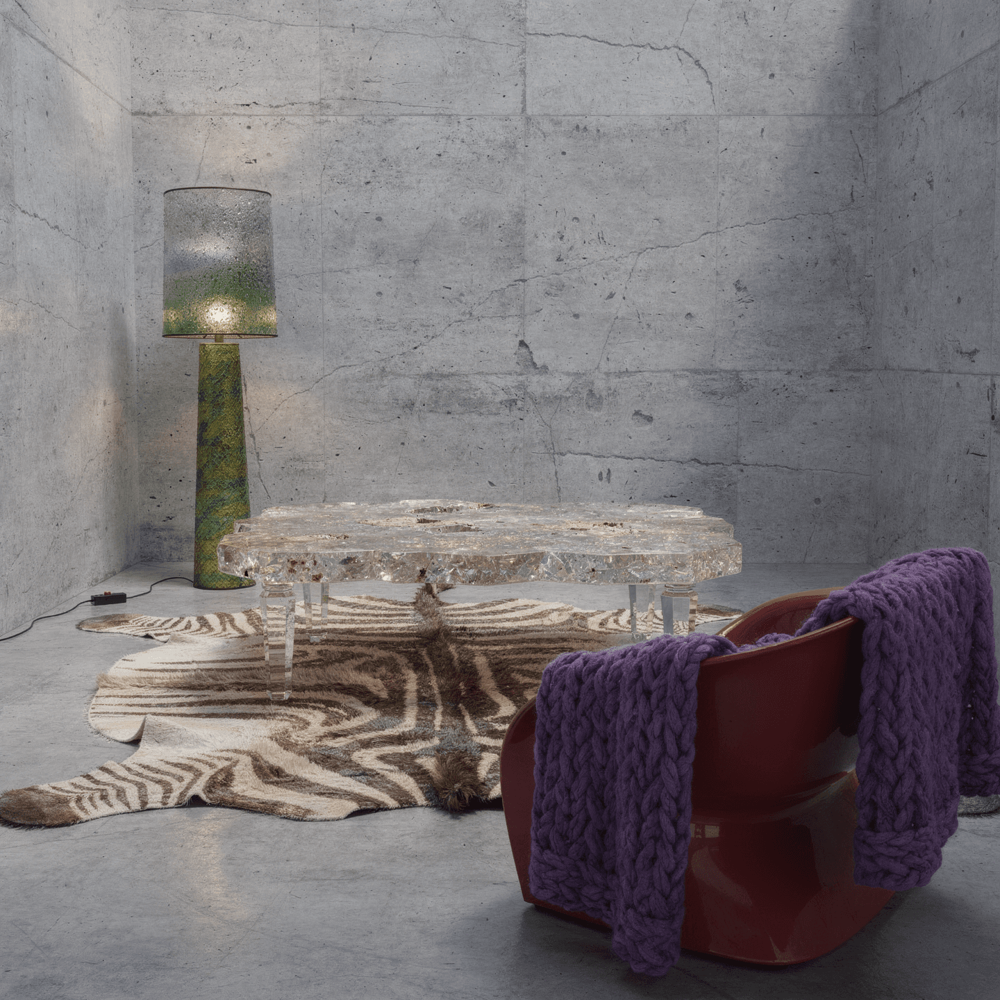 Official FLUX.2 furnished concrete interior with a purple blanket on a red chair
