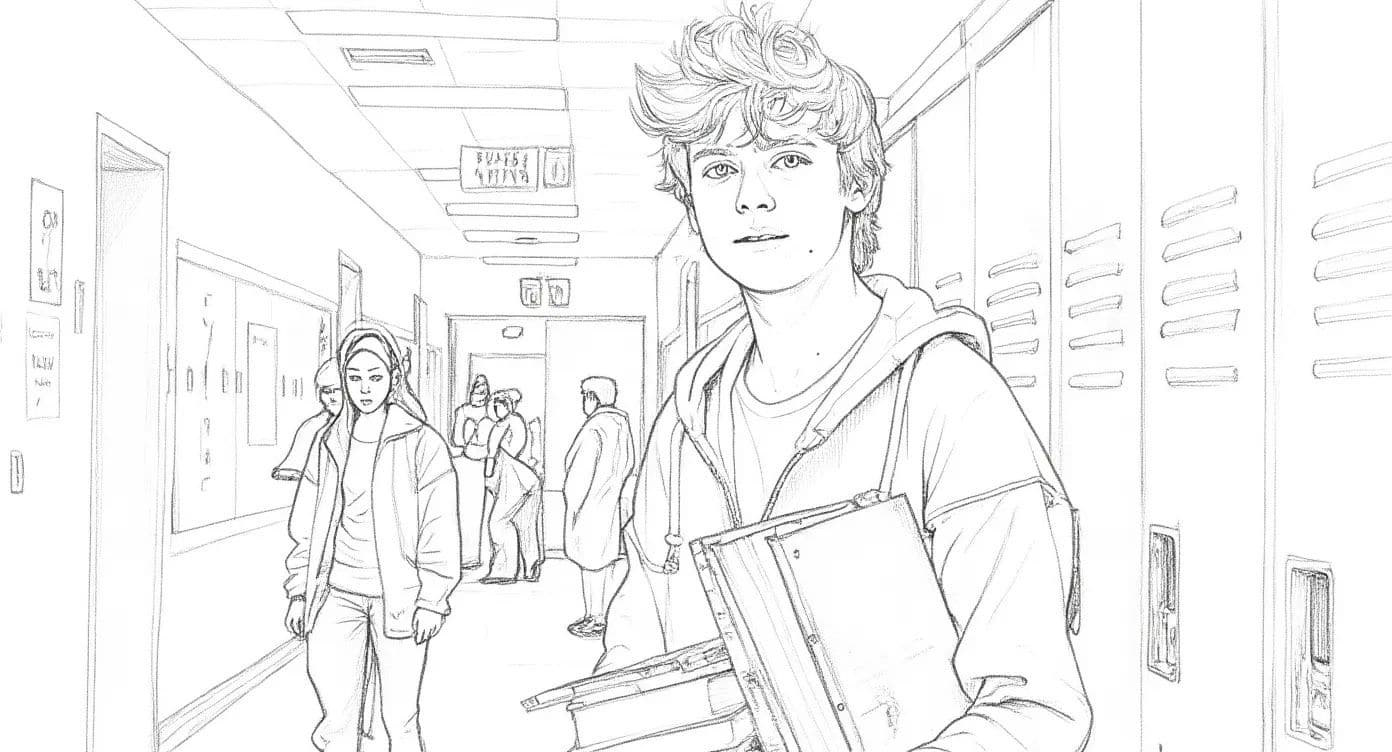 School hallway photograph transformed into a pencil sketch