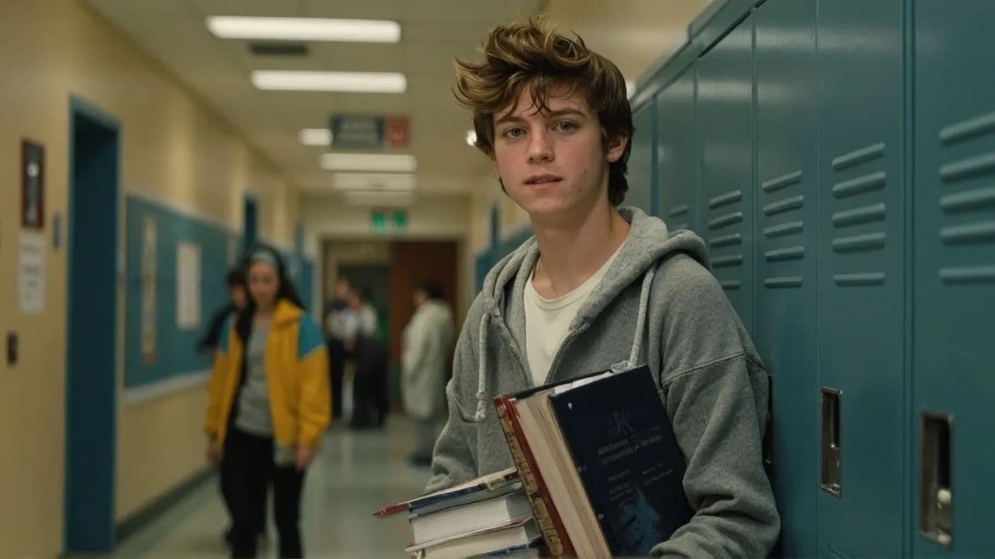 Original photograph of a student standing in a school hallway